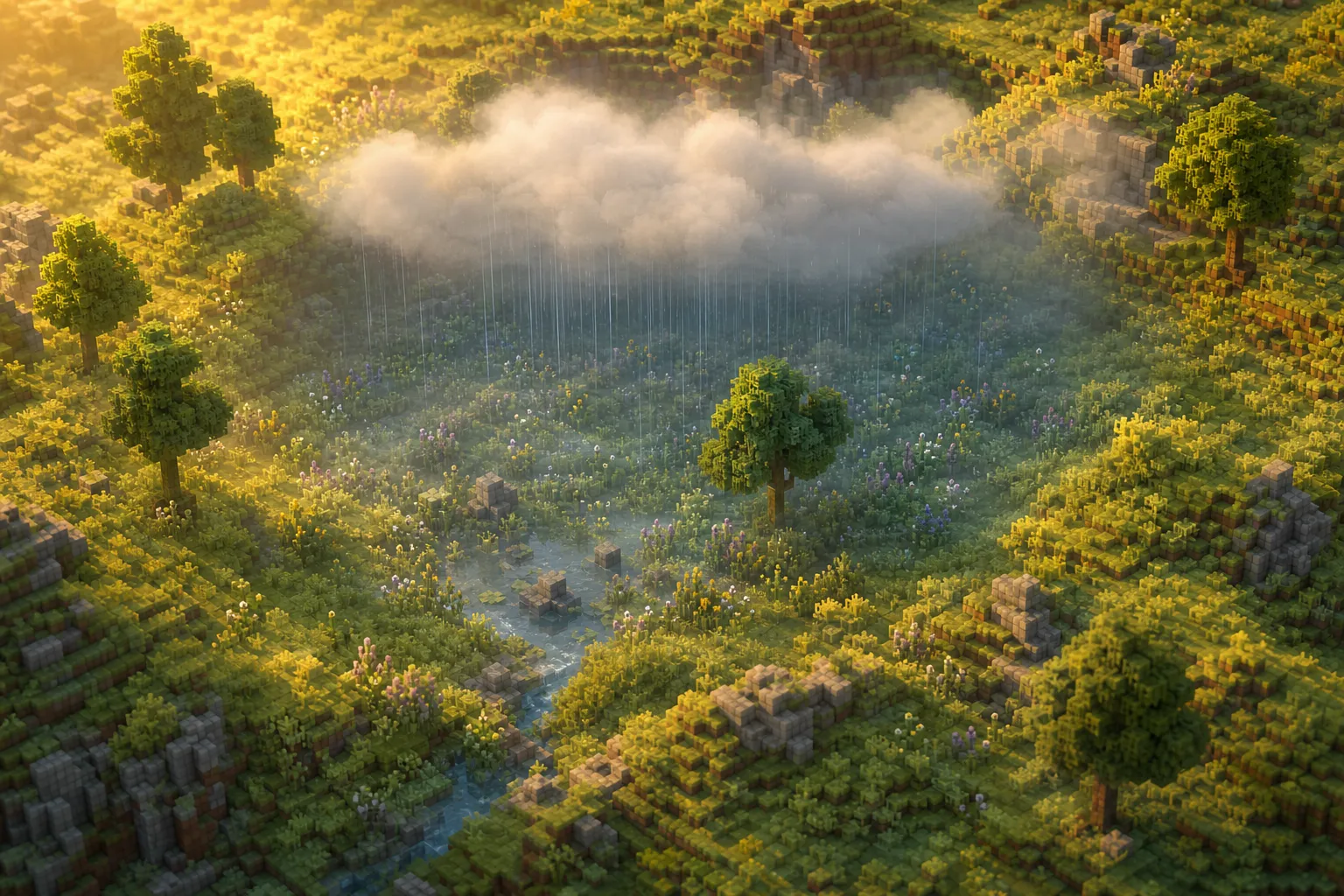 Golden-hour voxel valley with a soft circle of gentle rain and low cloud gathered over one stretch of meadow, fading to clear warm sun at its edges while the rest of the land stays bright and dry.