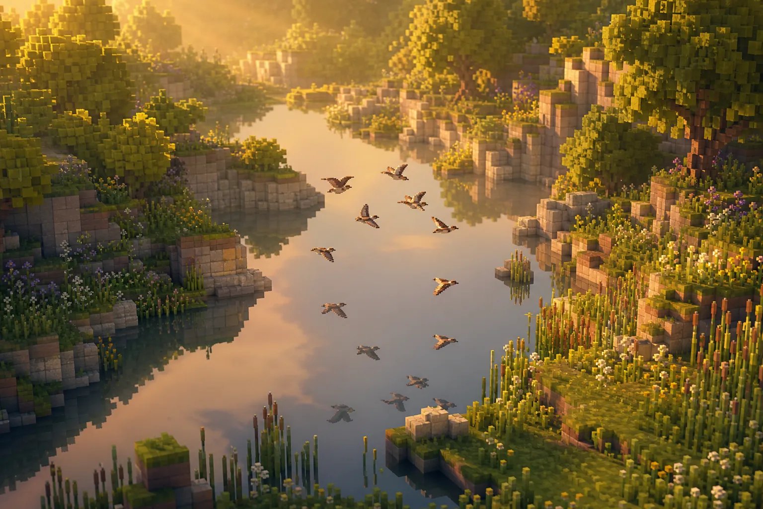 A voxel valley at golden hour held in unnatural stillness, its river glassy and motionless and a small flock of birds suspended in mid-flight.