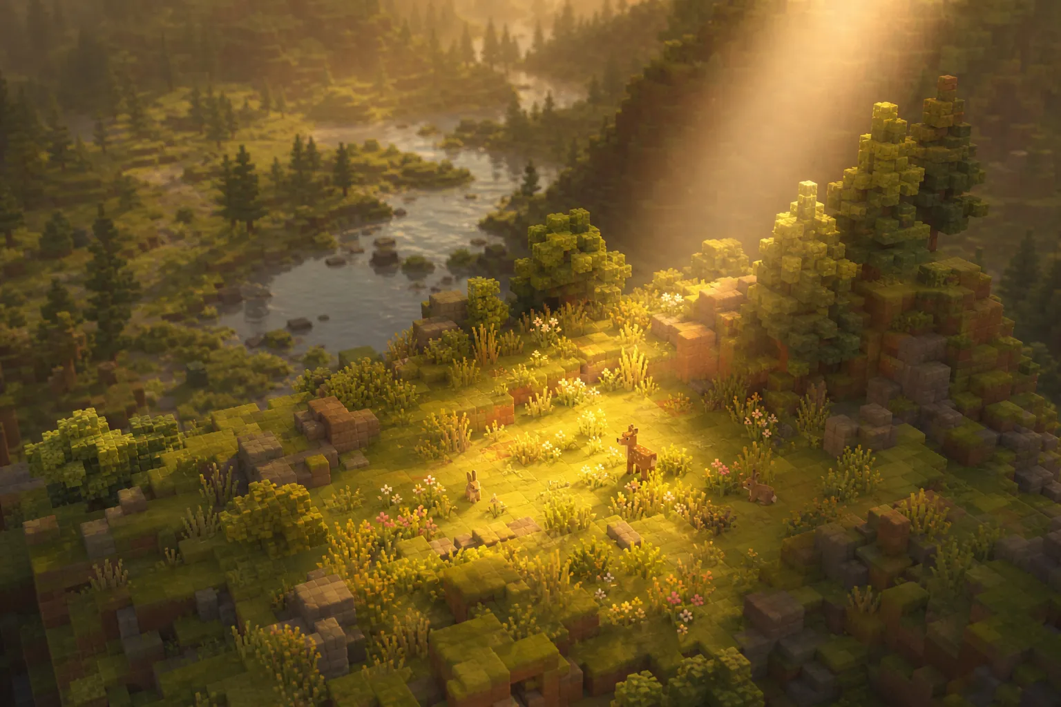 A voxel world at golden hour with one small meadow patch lit by a warm shaft of light in sharp focus, the surrounding valley softer and dimmer in atmospheric haze.