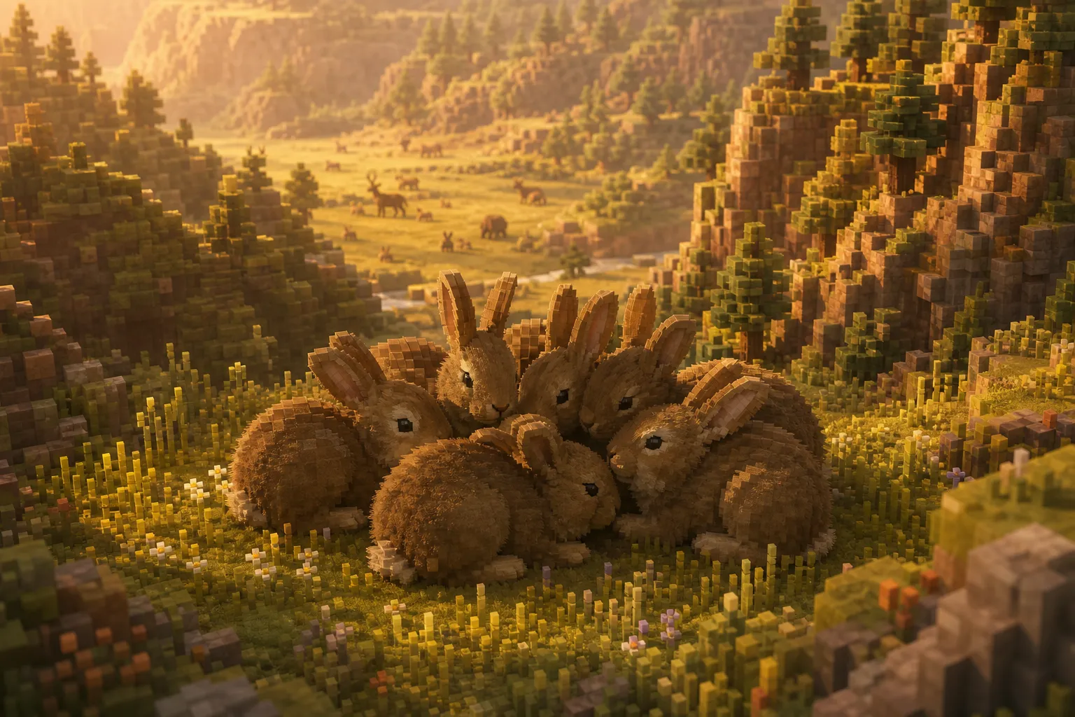 Aerial golden-hour view of a small huddle of near-identical rabbits penned into a sheltered valley pocket ringed by wooded ridges, with more scattered animals roaming the open country beyond.