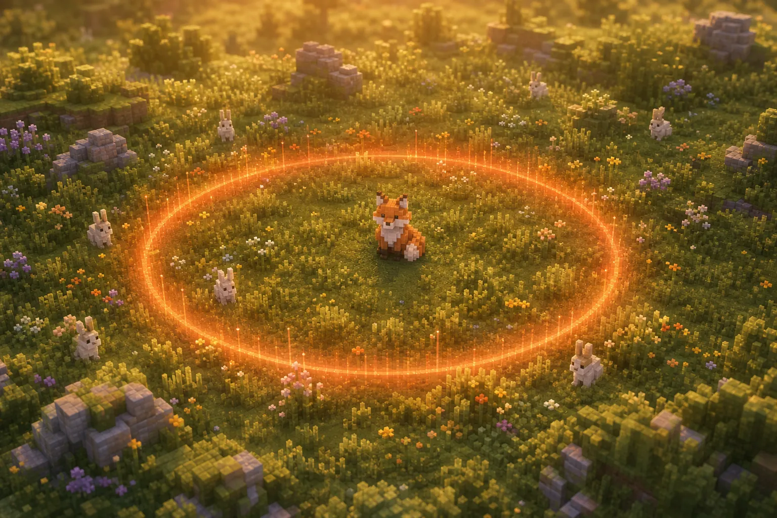 Aerial golden-hour view of a voxel meadow with one fox at the center of a soft glowing ring of danger, rabbits scattered around it, some inside the ring and some safely outside.
