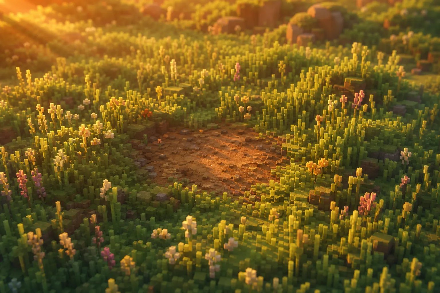A close golden-hour view of a soft voxel meadow at dusk where a single small worn patch of settled bare ground rests among living green grass, the rest of the meadow carrying on around it.