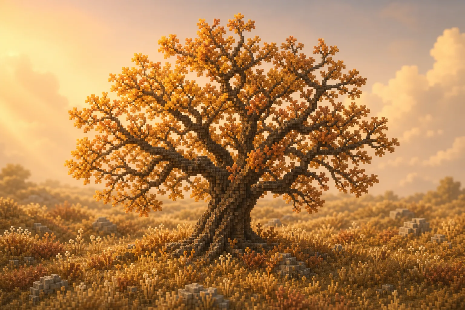 A broad oak in mid-autumn, its crown thinned to about half and turned amber and gold, standing over a meadow of grass dimmed to muted ochre.