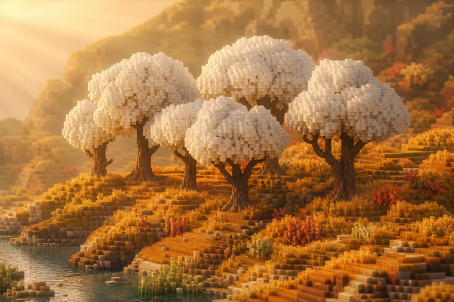 A grove of trees at golden hour whose leafy crowns have all turned an unnatural stark white, standing out against the warm autumn ground below.