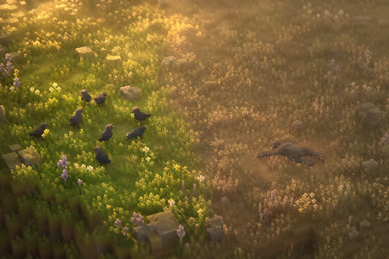 An aerial view of a meadow at golden hour: a flock of birds gathered over recovered green ground on one side, and a quiet untouched patch on the other where a faint fallen shape settles into the earth.