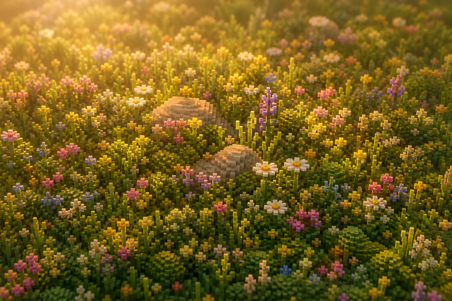 A dense patch of meadow grass and wildflowers grown in completely, carpeting the soil edge to edge with no bare ground left, in warm golden-hour light.