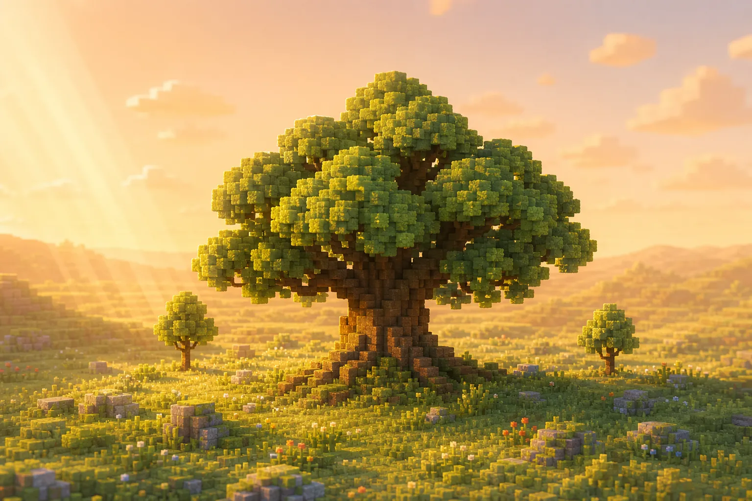 A single broad, mature tree standing alone in open grassland with comfortable empty space around it and a couple of small saplings nearby, in warm golden-hour light.