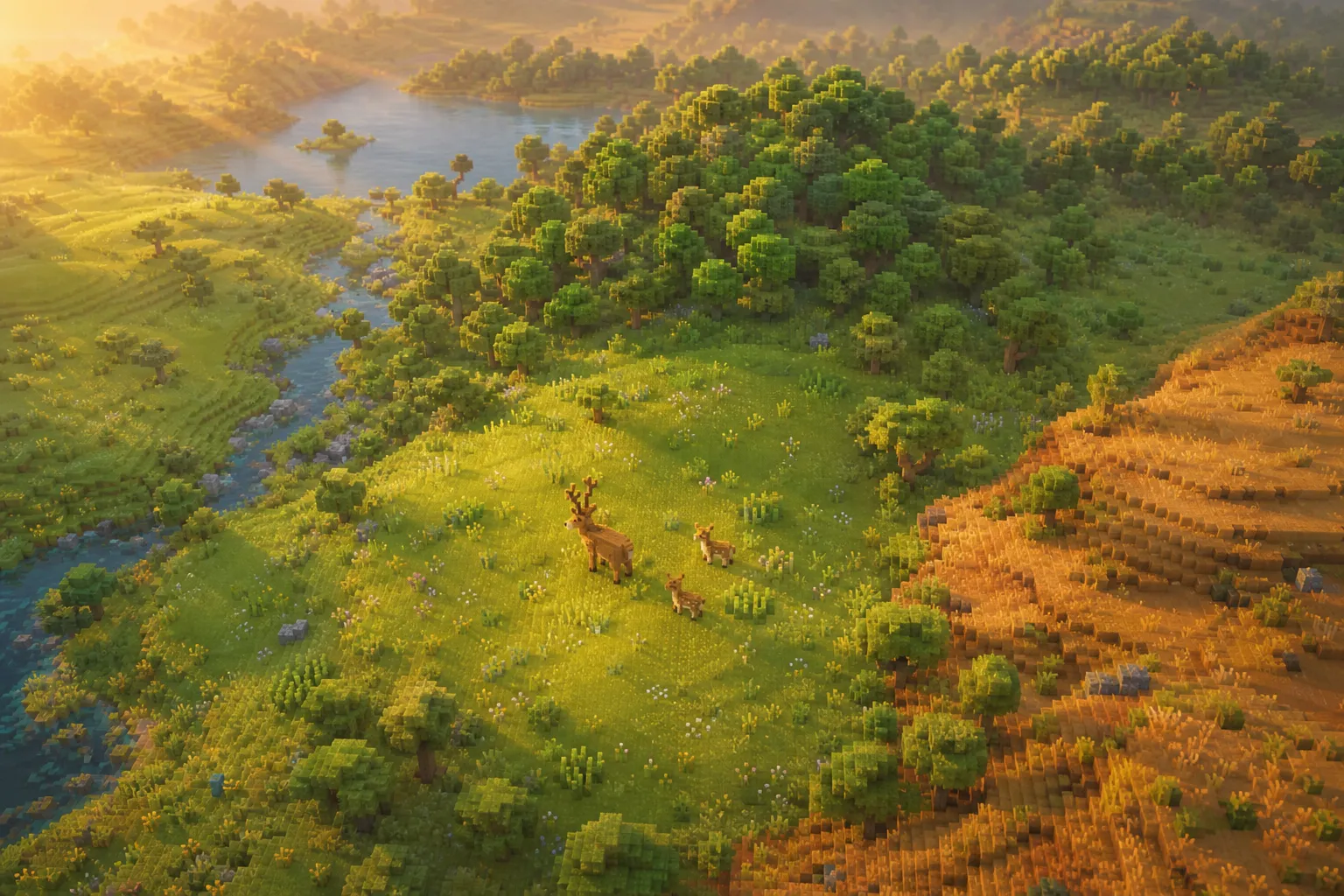 A golden-hour voxel landscape seen from above, where open grassy meadow rolls gently into a stand of rounded trees and a drier rise beyond, the regions meeting along soft natural borders rather than straight lines.