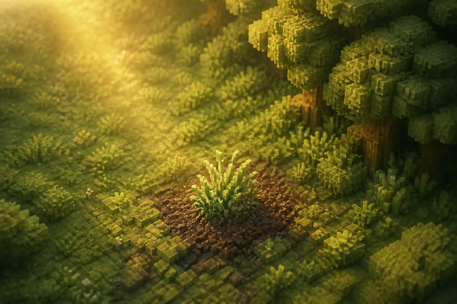 A single tuft of golden-hour voxel meadow grass rooted in dark soil at the soft edge where grassland meets rounded woodland, a warm shaft of light resting on the grass and the bare earth beside it.