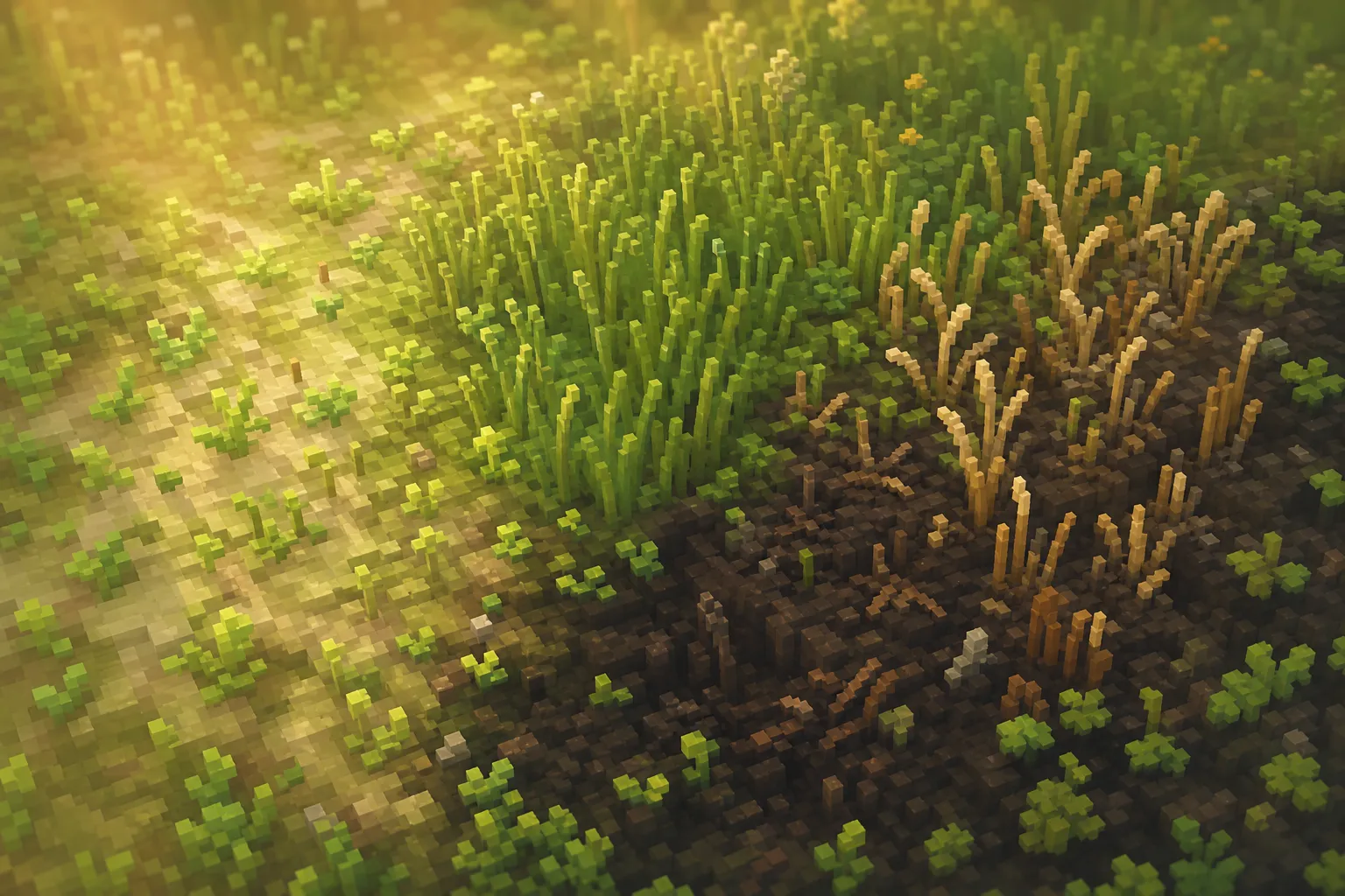 An overhead golden-hour view of voxel meadow with young green sprouts, mature grass, and a few faded blades softening into dark rich soil that grows thinner and paler toward a younger fringe.
