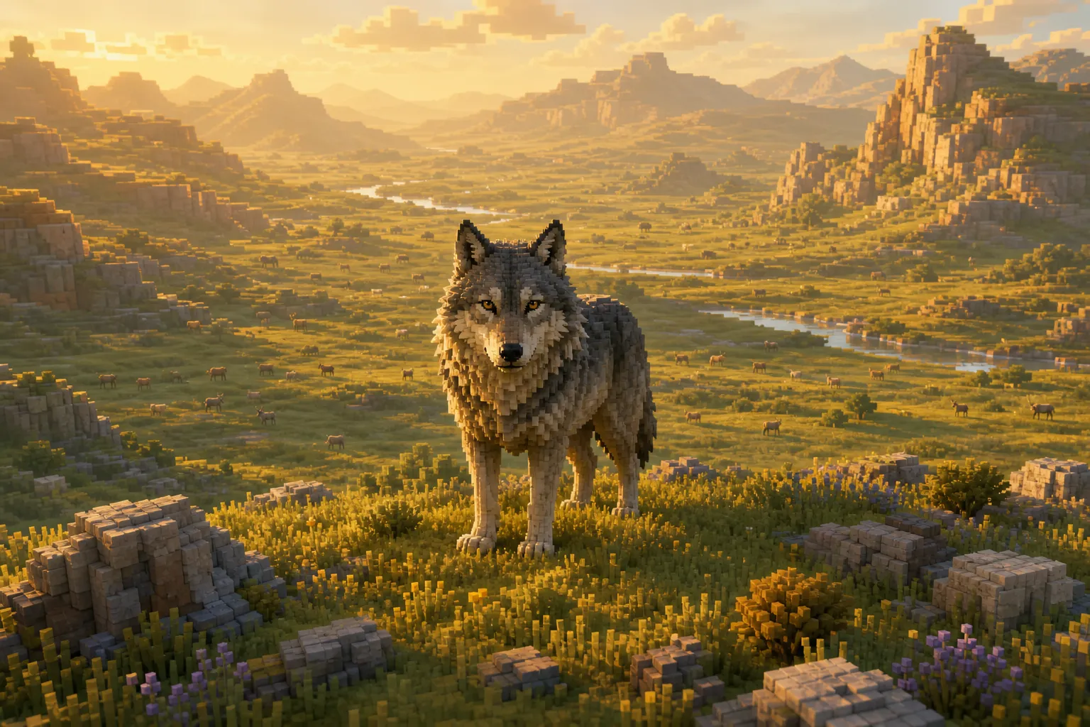 Aerial golden-hour view of a wide voxel valley with one large hunter alone in an open expanse, others of its kind far off, and many small grazers scattered across the lower ground.