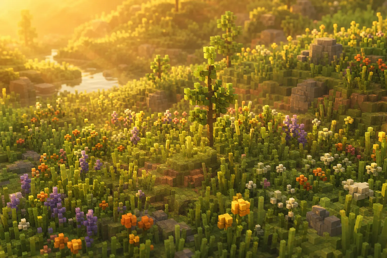 A golden-hour voxel meadow grown tall and full of wildflowers, a single young sapling risen at its center and a river winding away in the distance, warm late light returning across the land.