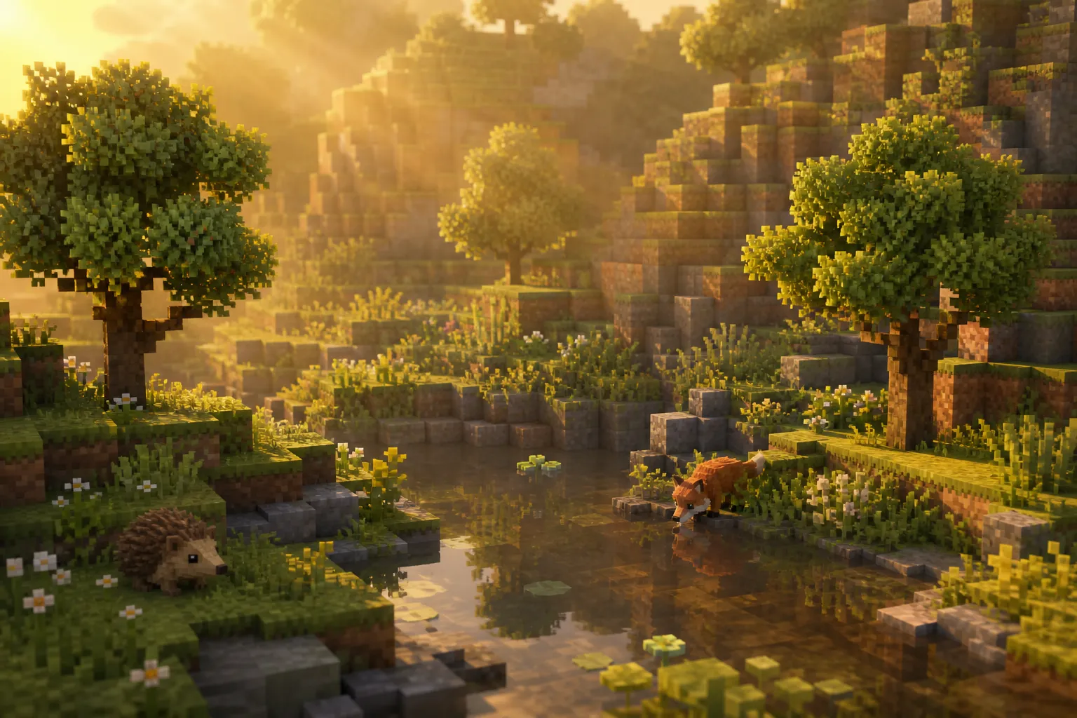 A quiet golden-hour voxel valley with a few small trees and a still pool, a fox drinking at the water’s edge and a hedgehog resting in the grass, the whole place calm and unchanged.